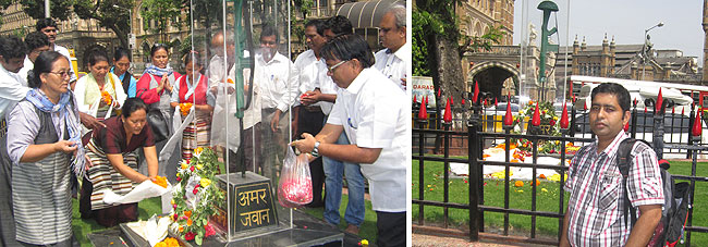 (Left) Local Tibetans and Indian supporters offer flowers at the Amar Jawan Jyoti, CST, Mumbai on October 20, 2012. (Right) Rohit Singh, in front of the Amar Jawan Jyoti in Mumbai.