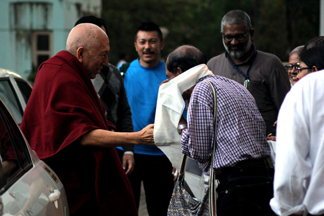 Venerable Prof Samdhong Rinpoche received by IIT Bombay officials, Dandi Workshop participants and Friends of Tibet Campaigners at IIT Powai campus on December 20, 2013. He was on a three-day visit to the campus in connection with the Dandi Memorial Sculptures' Workshops organised by IIT Bombay.