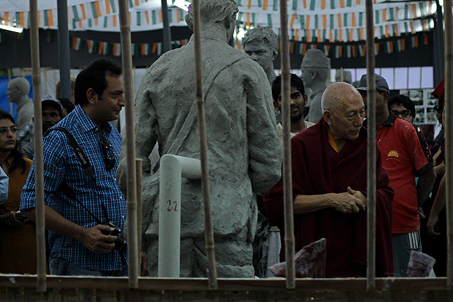 Venerable Prof Samdhong Rinpoche visiting Dandi Memorial Sculptures Workshop venue at IIT Bombay to examine sculptures of 1930 Salt Satyagrahis made by Sculptors from India and abroad. He thanked everyone involved in this project and stated that they are fulfilling a great responsibility of the Nation - to give deserving recognition to the Salt Satyagraha and the sacrifices of the unsung heroes.