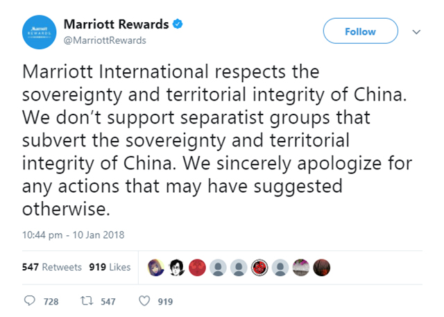 Marriott International apology tweet to Chinese Government. (January 10, 2018)