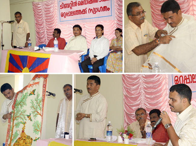 1) Rajsankar Unnikrishnan delivers his speech the gathering during the Friends of Tibet Ottapalam meet organised at the Vyapari Bhavan Auditorium to welcome the Men-Tsee-Khang member to the town on March 11, 2012. 2) Rajsankar Unnikrishnan offers a traditional Kerala 'Ponnada' to Dr Dorjee Rapten Neshar, Chief Medical Officer of Men-Tsee-Khang, Bangalore Unit 3) Dr Dorjee Rapten Neshar offers a Tibetan Carpet to Rajsankar Unnikrishnan 4) Dr Dorjee Rapten Neshar speaks to the gathering while Appu Jacob John of Friends of Tibet moderates the show. (Photos: Friends of Tibet)