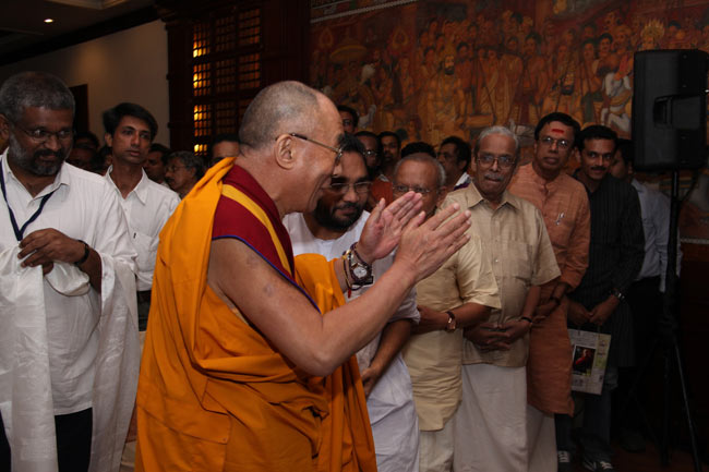 His Holiness the XIV Dalai Lama is being welcomed at the Anchor Hall of The Gateway Hotel, Marine Drive, Ernakulam on September 04, 2010 for a private audience organised by Friends of Tibet.