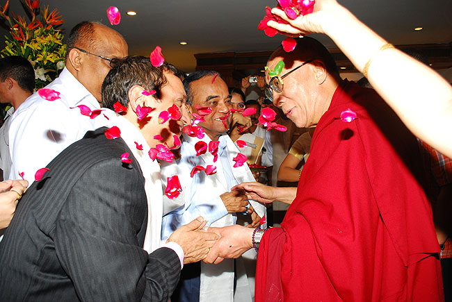PK Mohankumar (COO, Gateway Hotels), T Damu (Vice President, Taj Hotels), Appu John, Jose VJ and Eldtho Mathew of Friends of Tibet welcome His Holiness the XIV Dalai Lama at The Gateway Hotel, Marine Drive, Ernakulam on September 04, 2010.