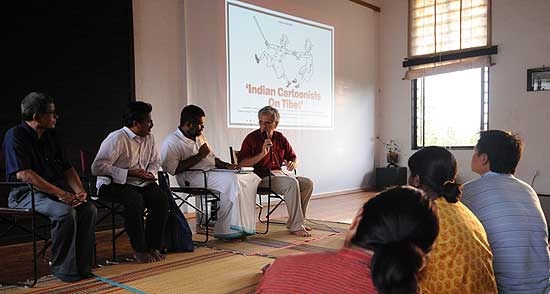 Indian Cartoonists on Tibet Presentation: CA Kallianpur, National Coordinator, Friends of Tibet), Dr Ramu Manivannan (Chennai University), Sethu Das (President, Friends of Tibet) and Claude Arpi Director, Pavilion of Tibetan Culture). Photo by: Catherine Gentric