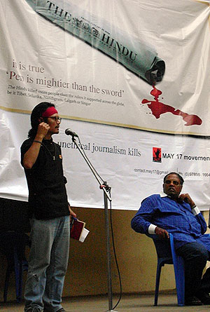Tenzin Tsundue speaking on 'Media Freedom' at a function organised by May 17 Movement at Chennai, Tamil Nadu on November 1, 2009. MR Hubert, Chairperson of Friends of Tibet (Chennai/Puduchery) next to him.
