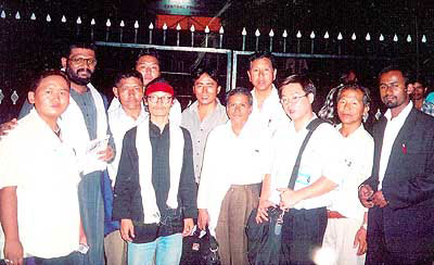 Tenzin Tsundue, Sethu Das and CA Kallianpur with with the Alternative Law Forum members after their release from the Hosur Central Prison, near Bangalore, Karnataka on April 13, 2005