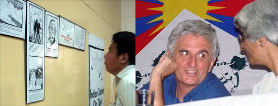 (Left) A visitor at 'Indian Cartoonists on Tibet' exhibition during the 'Conference for an Independent Tibet'. (Right) Claude Arpi, French Tibetologist in conversation with Dr Niru Vora of Swarajpeeth. (Photos: Friends of Tibet/Phayul)