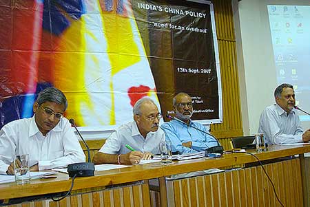 Dr Srikanth Kondapalli (Associate Professor, Chinese Studies, Jawaharlal Nehru University, New Delhi); Dr LL Mehrotra (Former Secretary, Ministry of External Affairs); Dr Mohan Guruswamy (Chairman, Centre for Policy Alternatives Society, New Delhi) and  Prof Bharat Karnad (Research Professor, National Security Studies, Centre for Policy Research, New Delhi) during 