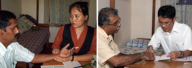 (Left) Dr Tamdin Sangmo of Men-Tsee-Khang does a pulse diagnosis with a Wellbeing participant during the 13th Tibetan Medical Camp held at Ashirbhavan, Kacherippadi, Kochi from November 7-8, 2011. (Photo: vj.jose@friendsoftibet.org) / (Right) Dr Tenzin Norbu Ganub is was born in Toe Phadrug, Tibet. At the age of six he escaped to India with his father. He did his schooling in Tibetan Children's Village (TCV) in Dharamshala. After finishing his AISSCE Board Exam in year 1996, Dr Tenzin Norbu joined the Men-Tsee-Khang Tibetan Medical College in 1997. Dr Tenzin Norbu Ganub was first appointed as the Resident Doctor at Navi Mumbai branch clinic of Men-Tsee-Khang and later in Shillong, Meghalaya before he got transferred to Bangalore Branch Clinic. (Photo: Girish Kumar PG)