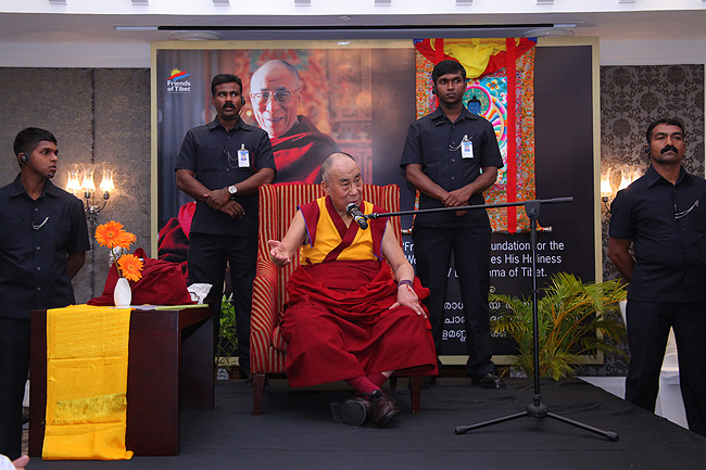 His Holiness the XIV Dalai Lama of Tibet addressing a gathering of 'Friends of Tibet' Members and 'Wellbeing' Beneficiaries at the Holiday Inn in the southern city of Kochi in Kerala on November 25, 2012. His Holiness spoke about 'The Art of Happiness' at this event organised by the 'Friends of Tibet Foundation for the Wellbeing'.
