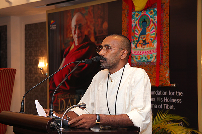 Opening remarks by Yeldtho Mathew of Friends of Tibet. His Holiness the XIV Dalai Lama of Tibet spoke to a gathering of 'Friends of Tibet' members and 'Wellbeing' beneficiaries at the Holiday Inn Cochin on November 25, 2012. His Holiness spoke about 'The Art of Happiness' at a function organised by the 'Friends of Tibet Foundation for the Wellbeing'.