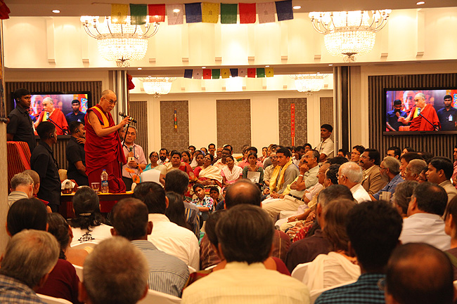 His Holiness the XIV Dalai Lama of Tibet speaks to a gathering of 'Friends of Tibet' members and 'Wellbeing' beneficiaries at the Holiday Inn Cochin on November 25, 2012. His Holiness spoke about 'The Art of Happiness' at a function organised by the 'Friends of Tibet Foundation for the Wellbeing'. (Photos: Ramesh Kumar PS)