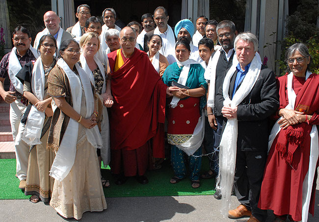 With the Guide and Visionary: The Men-Tsee-Khang sponsors and supporters from India and Europe with His Holiness the XIV Dalai Lama during the 50th Anniversary of Men-Tsee-Khang in Exile on March 22, 2011. Dr Tsewang Tamdin (Director, Men-Tsee-Khang), Tsering Dorjee (General Secretary, Men-Tsee-Khang), B Ramakrishna Raju (National Alliance for People's Movements), Dr Nandita Krishna (Director, CPRA Foundation), Sethu Das (President, Friends of Tibet: India), Sanjay Shah (Swastik Enterprises), Ravi Thakur (Ibex Jispa), Jaya Maheshwari and others. (Photo: Office of His Holiness the Dalai Lama)