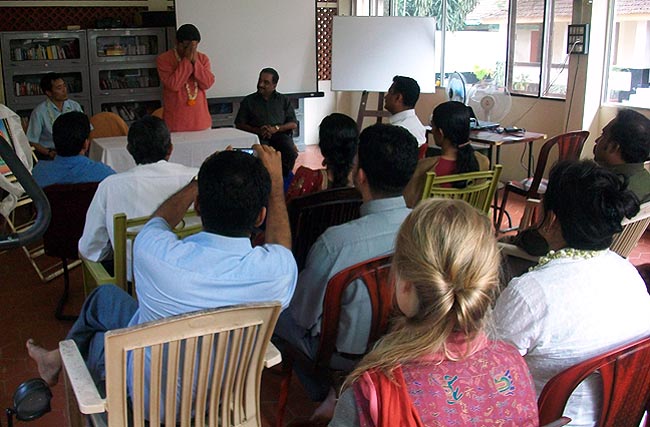 Dr Dorjee Rapten Neshar, Chief Medical Officer of Men-Tsee-Khang Bangalore branch delivers a lecture on 'Pulse Diagnosis' at the Nagarjuna Ayurvedic Centre, Okkal, Kalady, Kerala on January 22, 2011. The talk was followed by a question and answer session and the screening of the documentary: 'Blue Buddha: The Lost Secrets of Tibetan Medicine' by Aerlyn Weissman.