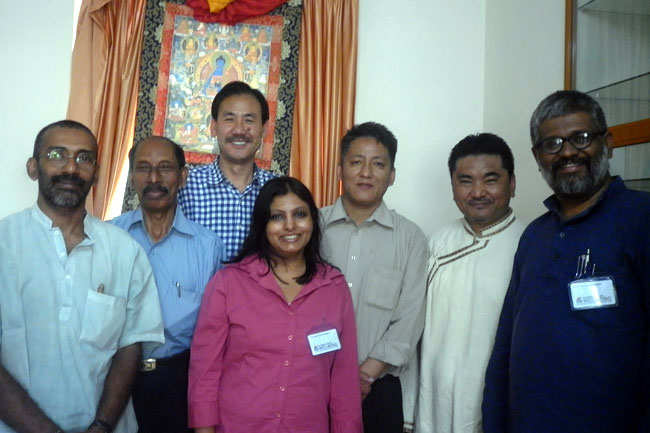 Shri Kalsang Gyaltsen and Shri Karma Yeshi, Members of Tibetan Parliament in Exile visit the Wellbeing camp venue during the 26th Wellbeing camp organised jointly by Friends of Tibet Foundation for the Wellbeing and Men-Tsee-Khang from Feb 27-Mar 2, 2013. Yeldtho Mathew, Suresh Babu, Rashmi Sidharthan, Dr Dorjee Rapten Neshar and Sethu Das next to them. (Photo: Friends of Tibet)