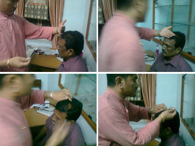 Dr Dorjee Rapten Neshar of Men-Tsee-Khang performs needle therapy on a Wellbeing participant during the 19th Tibetan medical camp in Kochi. In order to restore the balance of the humours, the Tibetan medicine uses five main types of therapy: 1) Dietary adjustment 2) Behavioural change 3) Medicines 4) Other therapies such as bone-settling, golden needle therapy etc 5) Religious rituals, prayers, dream analysis and astrology. (Photo: Friends of Tibet)