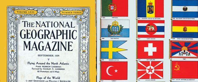 The National Geographic Magazine publishes 'Flags of the World' showing 77 independent countries in 1934 which includes the Tibetan National Flag. It is assumed that The National Geographic Society obtained the Tibetan Flag from Tsarong Dasang Dadul, the Commander-in-Chief of the Tibetan Army and a member of the Geographic Society. Page number 383 of The National Geographic 1934 edition presents Tibet's National flag along with 77 flags of independent countries with a truthful description: Tibet: With its towering mountain of snow, before which stand two lions fighting for a flaming gem, the flag of Tibet is one of the most distinctive of the East.