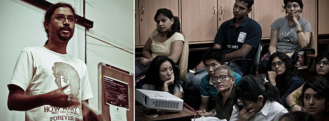 Nitesh Mohanty of The Roots speaks to the gathering during '2 Days for Tibet' event organised by The Roots in association with Friends of Tibet at the Tata Institute of Social Sciences, Mumbai on November 10, 2011. 