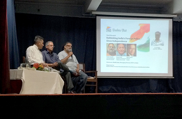 Rethinking India's Foreign Policy Since Independence panelists: Karma Yeshi, Member of the Tibetan Parliament in Exile, Vijay Crishna, Director, Godrej, Tushar Gandhi, Great-grandson of Mahatma Gandhi