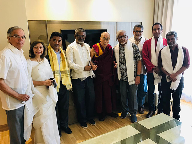 Friends of Tibet with HH the XIV Dalai Lama: Vijay Crishna, Smita Godrej, Dr Dorjee Rapten Neshar, Sethu Das, Arun Gandhi, Tushar A Gandhi, Sunil Sridhar and Santosh Kangutkar with HH the XIV Dalai Lama on December 12, 2018. (Photo: Office of HH the Dalai Lama)