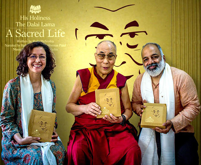 'A Sacred Life: His Holiness the Dalai Lama' audio-book is being released by HH the Dalai Lama in Mumbai. Shernaz Patel (Left) and Prof Narayan Parasuram (Right) next to the Dalai Lama.