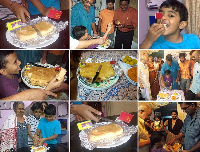 Children celebrate World Tibet Day and the 76th birthday of His Holiness the Dalai Lama on July 6, 2011 at Kochi, Kerala. 'Eggless' cakes were decorated with both Tibetan National Flag and Chinese flag on both sides were cut to symbolise the separation of Tibet which is under the Chinese military occupation since 1949.