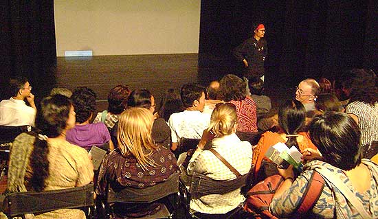 Tibetan poet-activist Tenzin Tsundue presents the documentary The Sun Behind the Clouds: Tibet's Struggle for Freedom by Ritu Sarin and Tenzing Sonam at an event jointly hosted by Think Tibet and Friends of Tibet at the Centre for Film and Drama, Bangalore on March 01, 2010.