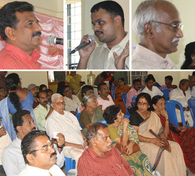 Jose VJ, Appu Jacob John and AK Tharanath of Friends of Tibet speaks to the gathering at Ottapalam. The event organised by Friends of Tibet (Ottapalam) to welcome the Men-Tsee-Khang team members to Ottapalam town was held at the Vyapari Bhavan on March 11, 2012.