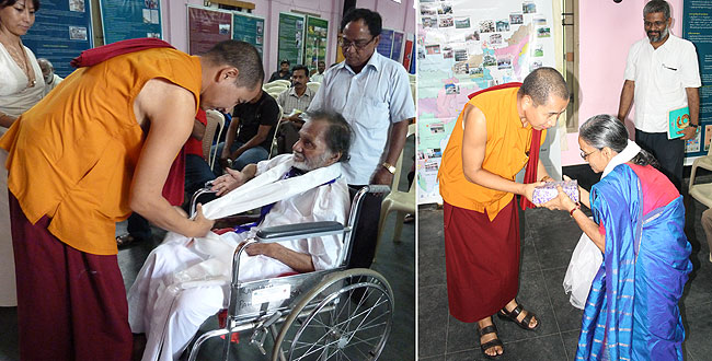 Dr Lobsang Zoepa of Men-Tsee-Khang, Dharamshala honors Shri Ahmed Shah and Smt Marykutty Cherian for the support they extended to the Kochi Tibetan Medical Camps since its beginning in September 2010. They were honoured during the Golden Jubilee Celebrations of the Tibetan Medical Institute held at Ashirbhavan, Kochi on September 6, 2011. (Photos: Katharina Jourdan and Sylvie Bantle)