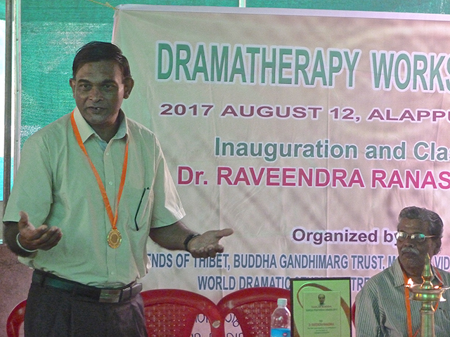 Dr Ravindra Ranasinha, Drama-Therapist and Sociologist from Sri Lanka during a Drama-Therapy session orgnised by Friends of Tibet in association with Buddha Gandhi Marg Trust and World Dramatics Study Centre & Film Institute organise Drama-Therapy Session with Dr Ravindra Ranasinha from Sri Lanka at Mannom Vidyaniketan School, Pathirappalli, Alappuzha on August 12, 2017.