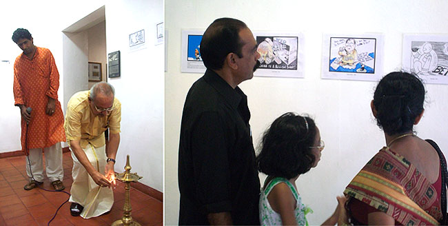 Noted Malayali cartoonist Yesudasan inaugurates 'Indian Cartoonists on Tibet' exhibition at Kashi Art Cafe, Fort Kochi on August 29, 2010. Anoop Scaria, Director of Kashi next to him.