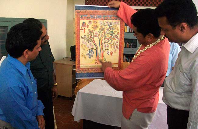 Dr Dorjee Rapten Neshar, Chief Medical Officer of Men-Tsee-Khang Bangalore branch delivers a lecture on 'Pulse Diagnosis' at the Nagarjuna Ayurvedic Centre, Okkal, Kalady, Kerala on January 22, 2011. The talk was followed by a question and answer session and the screening of the documentary: 'Blue Buddha: The Lost Secrets of Tibetan Medicine' by Aerlyn Weissman.