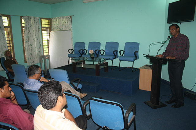 Dr Ravindra Ranasinha, Drama-Therapist and Sociologist from Sri Lanka speaks on 'Post-Conflict Reconciliation Action as A Social Worker' at the School of Letters, MG University, Kottayam, Kerala on August 14, 2017.