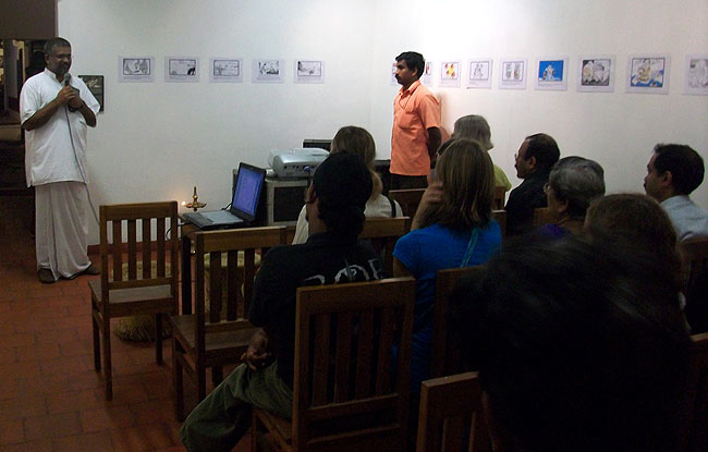 Sethu Das (President, Friends of Tibet) introduces the documentary film 'The Sun Behind the Clouds: Tibet's Struggle for Freedom' by Ritu Sarin and Tenzing Sonam at Kashi Art Cafe, Fort Kochi on August 29, 2010. The Kochi premiere of the film was screened in connection with the first visit of His Holiness the Dalai Lama of Tibet to Kochi on September 04, 2010. (Photo: Friends of Tibet)
