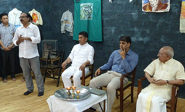 Artist Francis Kodankandath speaks during the inaugural session of the second edition of 'Tibet Dreams' at Centre for Social and Political Art (CSPA), Alappuzha on May 4, 2016. Dr Dorjee Rapten Neshar, Dr KN Raghavan, Cartoonist Yesudasan next to him. 
