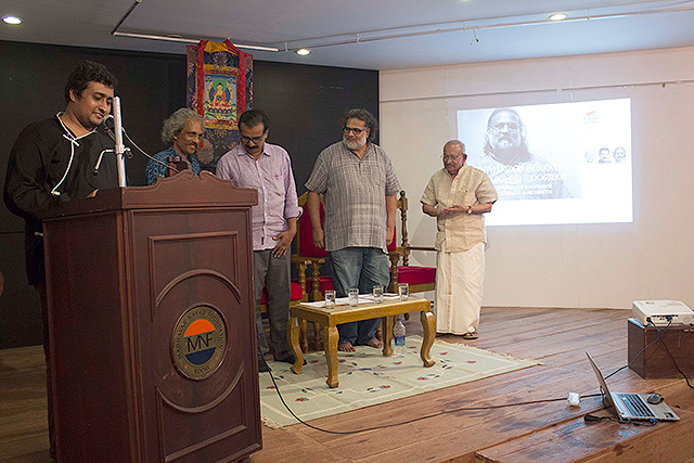 Eswar Anandan, Poet and Friends of Tibet Campaigner welcomes the audience during Tushar Gandhi lecture at the Museum of Kerala History, Edappally, Kochi.