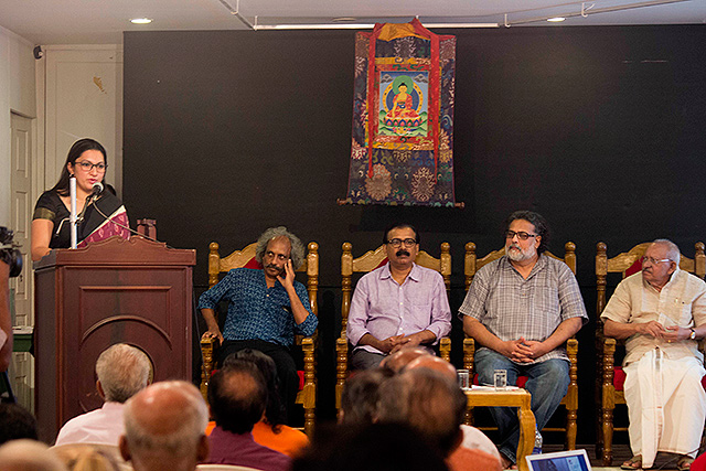 Diwia, founder of PaperTrail, a non-profit organisation aiming for the empowerment of women in Kerala and an associate of Friends of Tibet introduces Tushar Gandhi to the gathering. (Photos: Prince Prabhakaran)
