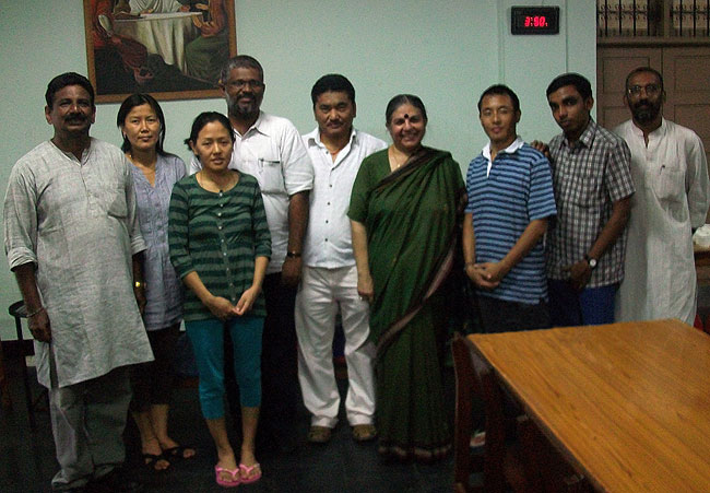 Friends of Tibet Campaigners and Men-Tsee-Khang staffs with Dr Vandana Shiva, social and environmental activist during the 7th Tibetan Medical Camp at Ashirbhavan, Kochi on April 16, 2011. Founder of Navdanya, Dr Shiva is an Advisor to the Tibetan Government-in-Exile in India in their endeavor to promote and convert the farming land given to the Tibetan farmers organic replacing modern farming methods of chemicals and fertilisers. (From Left: VJ Jose, Tsering Sonam, Ngawang, Sethu Das, Dr Dorjee Rapten Neshar, Dr Vandana Shiva, Dr Tara Ngawang Lodoe, Sreejith Sasi and Eldtho Mathew.)
