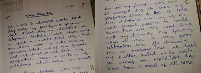 Pages from ten-year old Aadi Suku Dass' diary.