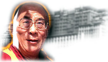 His Holiness the Dalai Lama, superimposed over an image of the Potala Palace