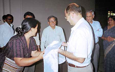 Cartoonist Morparia Being Welcomed. CA Kallianpur, National Coordinator of Friends of Tibet in the Middle.