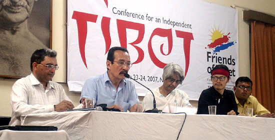 Shri Jamyang Norbu (Second from Left) makes his presentation. Shri Vijay Kranti, Dr Niru Vora, Shri Tenzin Tsundue and Shri Raghav Mittal next to him. Norbu, a member of a short-lived Tibetan guerrilla movement that carried out raids from the Mustang Valley of Nepal in the 1970s, said companies operating in China should be targeted to force them to divest.