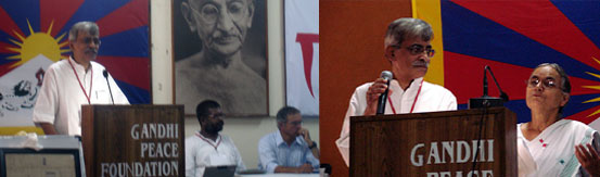 (Left) Prominent Gandhian and Educator Shri Rajiv Vora delivers his Inaugural Speech during the 'Conference for an Independent Tibet' at the Gandhi Peace Foundation, New Delhi on June 23, 2007. (Right) Gandhian and Chairman of Gandhi Peace Foundation Smt Radha Bhatt speaks during the Conference. (Photos: Friends of Tibet/Tenzin Dasel, Phayul)