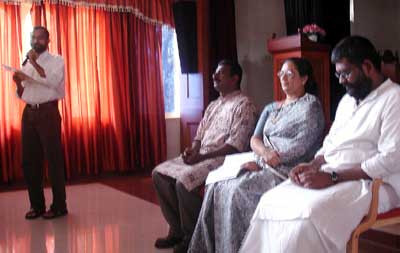 Dr CJ Babu of Rajagiri College of Social Sciences introduces 'Conflicts'. VJ Jose (Greenpeace), Mary Joseph (Vice Principal, Rajagiri College) and Sethu Das (Friends of Tibet) on the dais.