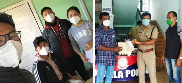 (Left): Dr Tenzin Gelek of Men-Tsee-Khang, Tibetan Medical and Astrological Institute of HH the Dalai Lama with his team members at the Tawang clinic. He's been instrumental in #SpreadingMasks initiative in Arunachal Pradesh. (Right) Sreejith from the Daya Charitable Trust distributes 'The Mask Lab' free surgical facemasks among officers of Chittur Police Station, Kerala representing Control Print and Friends of Tibet Foundation for the Wellbeing.