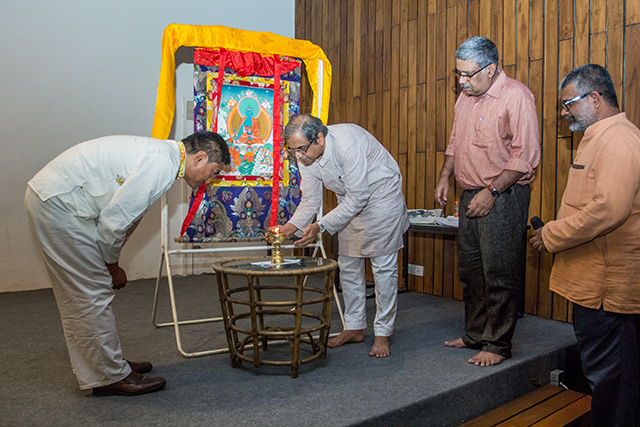 Dr Sudarshan Iyengar, Gandhian and former Vice Chancellor of Gujarat Vidyapith, Ahmedabad inaugurates Friends of Tibet Foundation for the Wellbeing activities in IIT Bombay campus on August 8, 2016. Dr Dorjee Rapten Neshar of Men-Tsee-Khang, Prof GV Sreekumar of IDC and Sethu Das, Founder of Friends of Tibet next to him. (Photo: Sam Santhosh)
