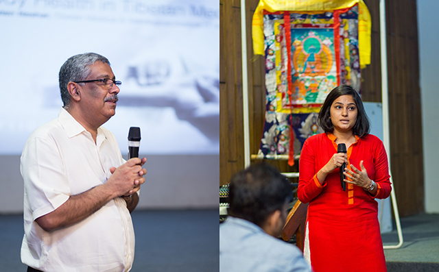 Prof GV Sreekumar,</B> Head of IDC School of Design welcomes the gathering during the inaugural ceremony of 2nd Wellbeing Tibetan Medical Camp organised jointly by Friends of Tibet Foundation for the Wellbeing at IIT Bombay from May 13-14, 2017. (Right) <B>Disha Shetty,</B> Friends of Tibet Campaigner welcomes Dr Dorjee Rapten Neshar for his lecture on 'Mind & Body Health in Tibetan Medicine'. (Photos: Mohith Mohan & Sam Santhosh)