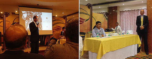Sunil Vaidya (Financial Controller, Hotel Marine Plaza) welcomes the gathering and Friends of Tibet Campaigners. A lecture on 'Mind and Body Health in Tibetan Medicine' and a Pulse Diagnosis session by Dr Dorjee Rapten Neshar, Chief Medical Officer, Men-Tsee-Khang, Tibetan Medical and Astrological Institute of HH the Dalai Lama was organised by Friends of Tibet Foundation for the Wellbeing at Marine Plaza Hotel, Marine Drive, Mumbai on May 15, 2017. (Right) Sanjeev Shekhar (General Manager, Hotel Marine Plaza) speaks about his interest in Buddhism and Tibetan Buddhist chants and delivers Vote of Thanks.