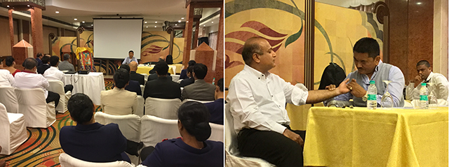 Dr Dorjee Rapten Neshar, Chief Medical Officer, Men-Tsee-Khang, Tibetan Medical and Astrological Institute of HH the Dalai Lama speaks on 'Mind and Body Health in Tibetan Medicine' at a function organised by Friends of Tibet Foundation for the Wellbeing at Marine Plaza Hotel, Marine Drive, Mumbai on May 15, 2017. (Right) Parvez Sheikh, Food and Beverage Manager, Hotel Marine Plaza volunteers for a Pulse Diagnosis session by Dr Dorjee Rapten Neshar, Chief Medical Officer, Men-Tsee-Khang. (Photos: Santosh Kangutkar) 