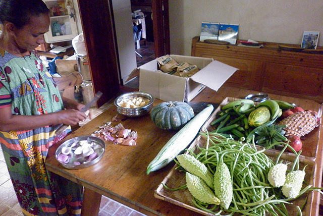 Leelamma preparing lunch for the day with vegetables grown using organic manure from Kanjikuzhy Cooperative Society during the 45th Wellbeing Tibetan Medical Camp organised by Friends of Tibet and Men-Tsee-Khang at Centre for Social & Political Art (CSPA), Sylviander House, Alappuzha.